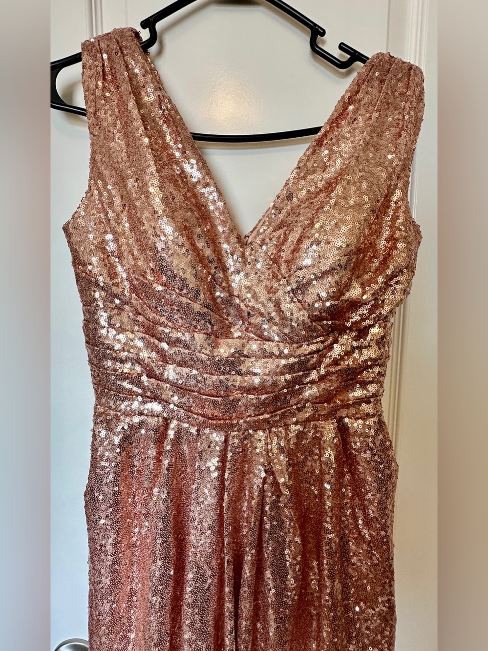 Rose Gold Sequin Formal Maxi Dress Deep V Bridesmaid Prom Gown